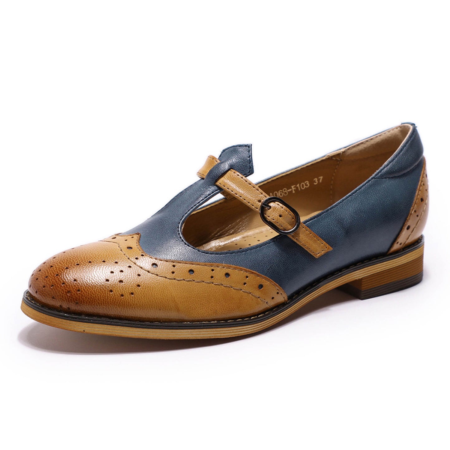 two tone t strap leather shoes